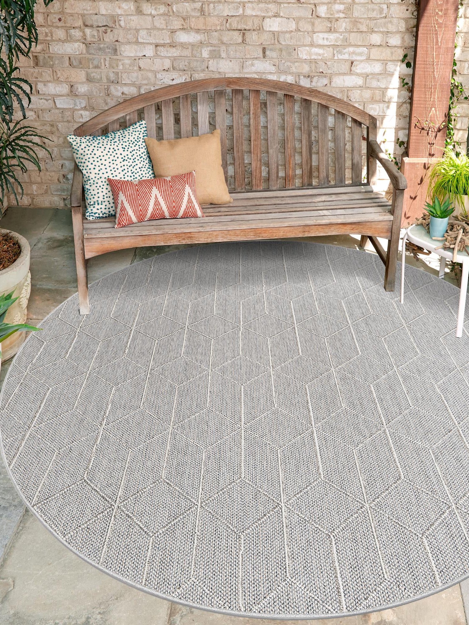 Light Gray 7' 10 x 7' 10 Symphony Outdoor Round Area Rug Weather Resistant for Patio, Deck, Terrace, Balcony, Porch Durable Outside Carpet for Sale at Rug Engine