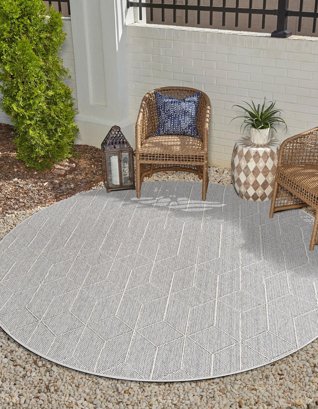 Light Gray 5' 3 x 5' 3 Symphony Outdoor Round Area Rug Weather Resistant for Patio, Deck, Terrace, Balcony, Porch Durable Outside Carpet for Sale at Rug Engine
