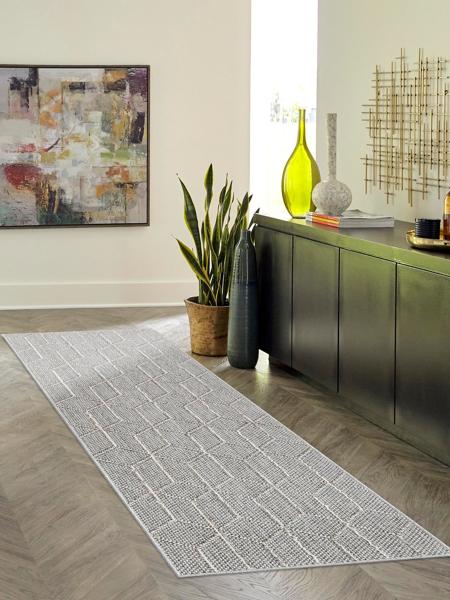 Light Gray 2' x 8' Symphony Outdoor Runner Area Rug Weather Resistant for Patio, Deck, Terrace, Balcony, Porch Durable Outside Carpet for Sale at Rug Engine