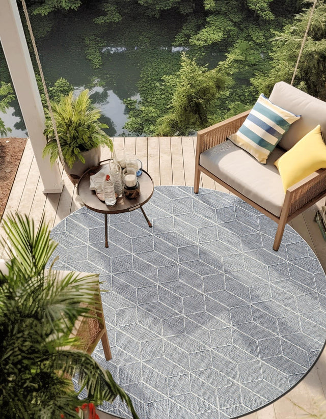 Light Blue 7' 10 x 7' 10 Symphony Outdoor Round Area Rug Weather Resistant for Patio, Deck, Terrace, Balcony, Porch Durable Outside Carpet for Sale at Rug Engine