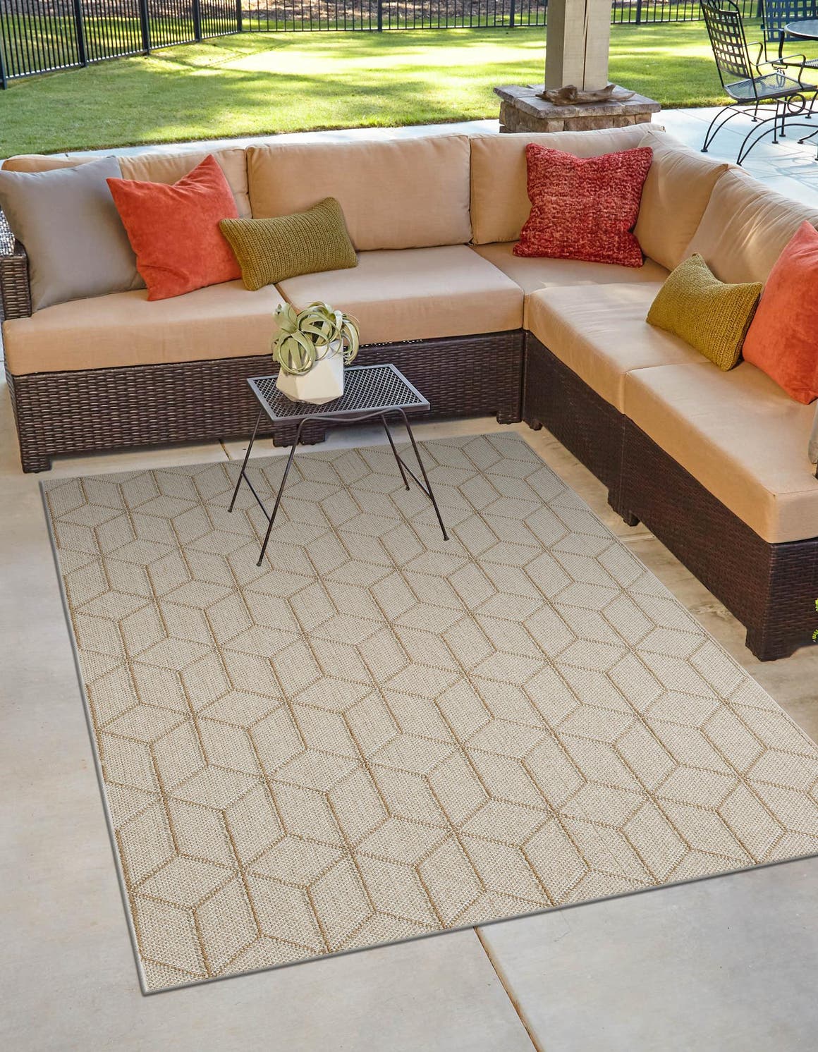 Beige 6' 1 x 9' Symphony Outdoor Rectangle Area Rug Weather Resistant for Patio, Deck, Terrace, Balcony, Porch Durable Outside Carpet for Sale at Rug Engine