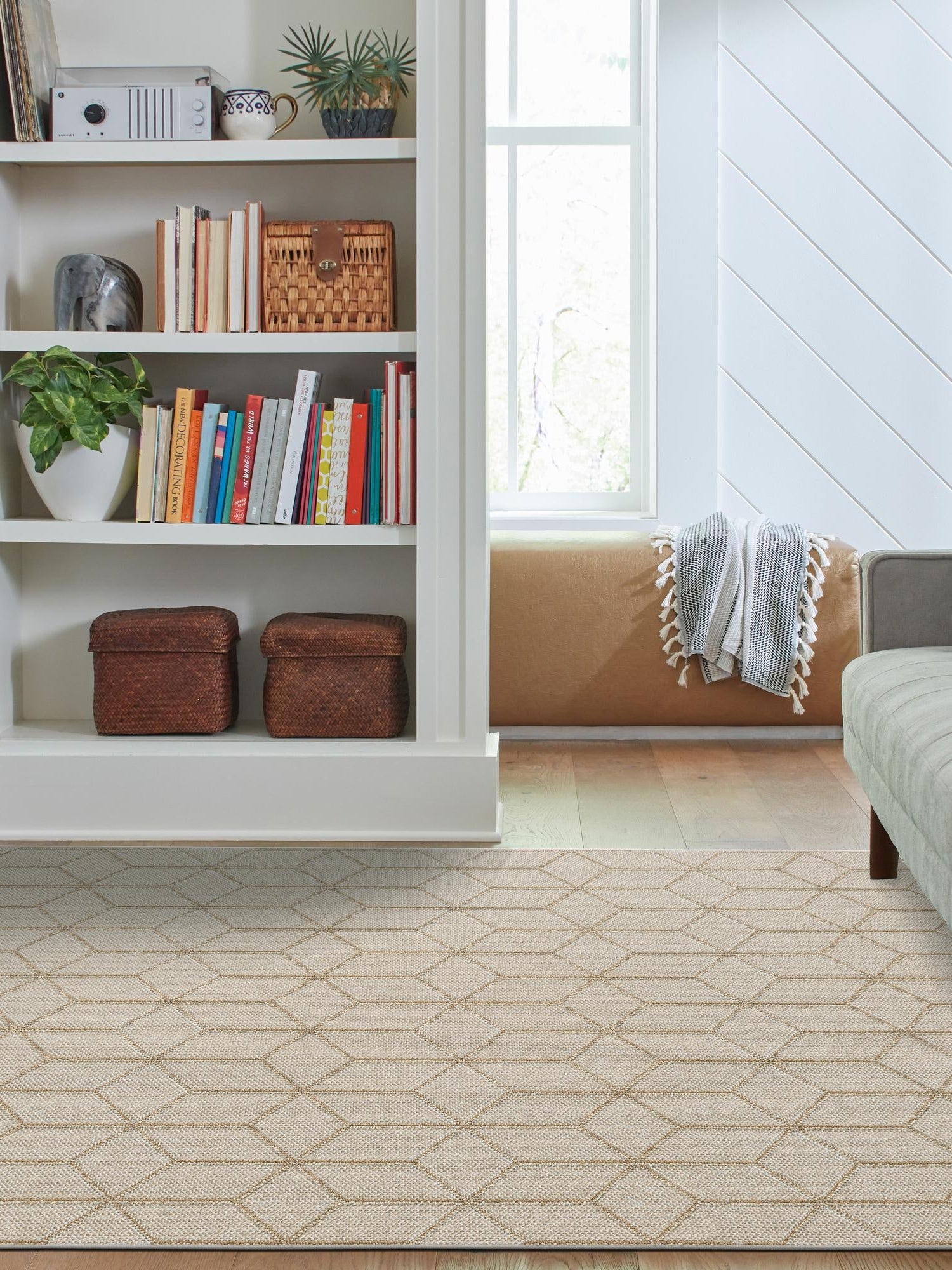 Beige 5' 3 x 8' Symphony Outdoor Rectangle Area Rug Weather Resistant for Patio, Deck, Terrace, Balcony, Porch Durable Outside Carpet for Sale at Rug Engine