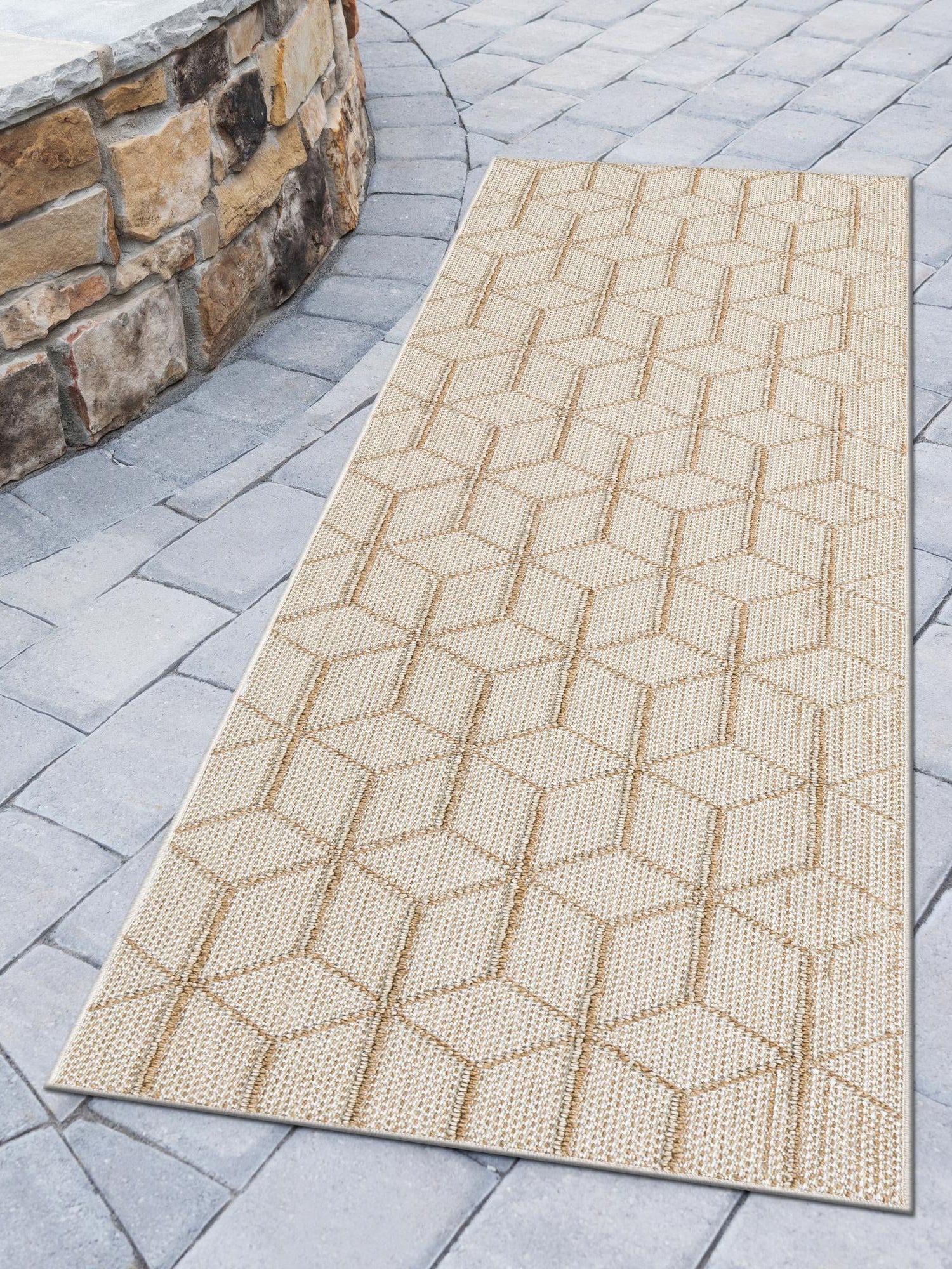 Beige 2' 7 x 12' Symphony Outdoor Runner Area Rug Weather Resistant for Patio, Deck, Terrace, Balcony, Porch Durable Outside Carpet for Sale at Rug Engine