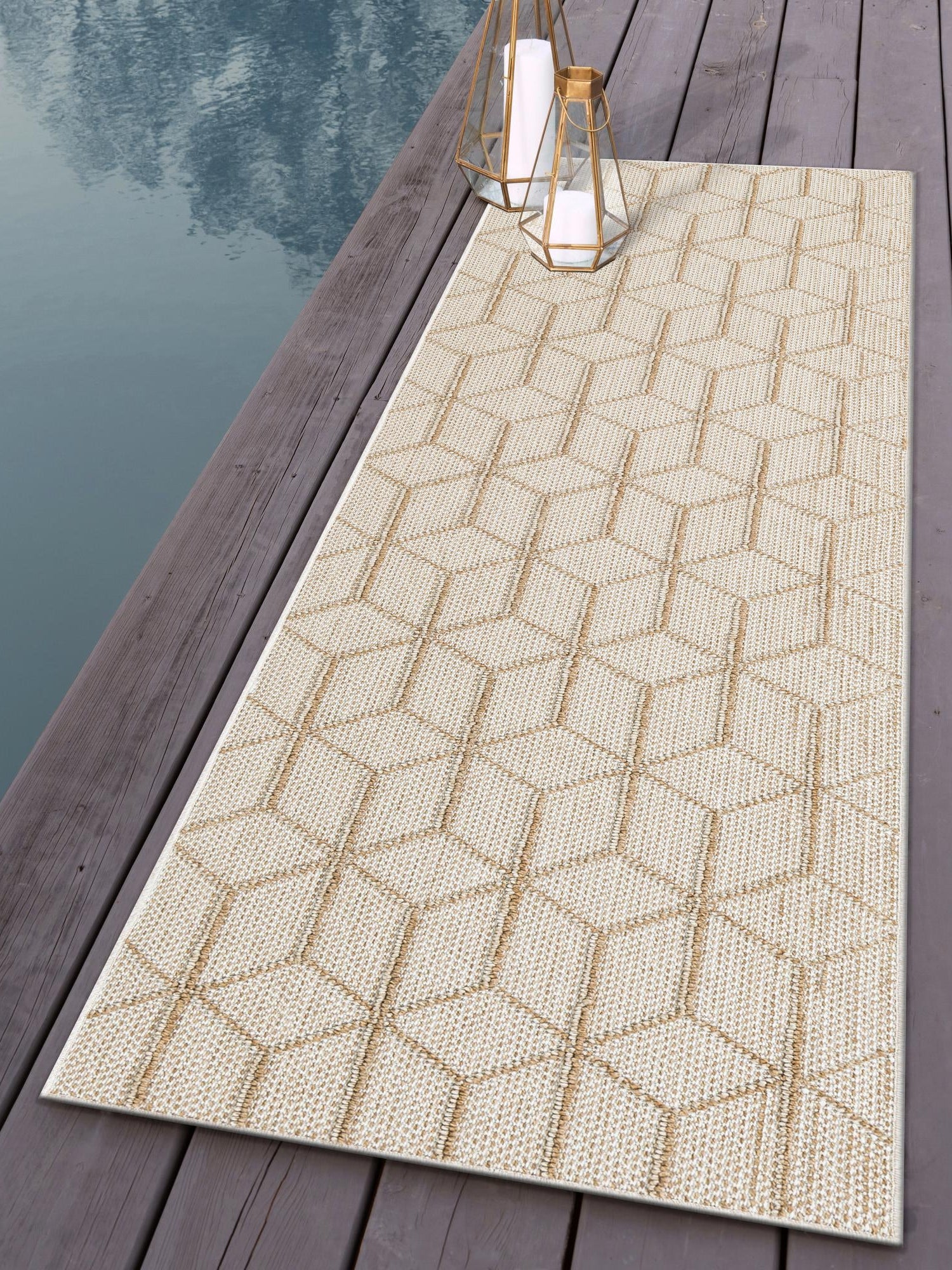 Beige 2' x 8' Symphony Outdoor Runner Area Rug Weather Resistant for Patio, Deck, Terrace, Balcony, Porch Durable Outside Carpet for Sale at Rug Engine