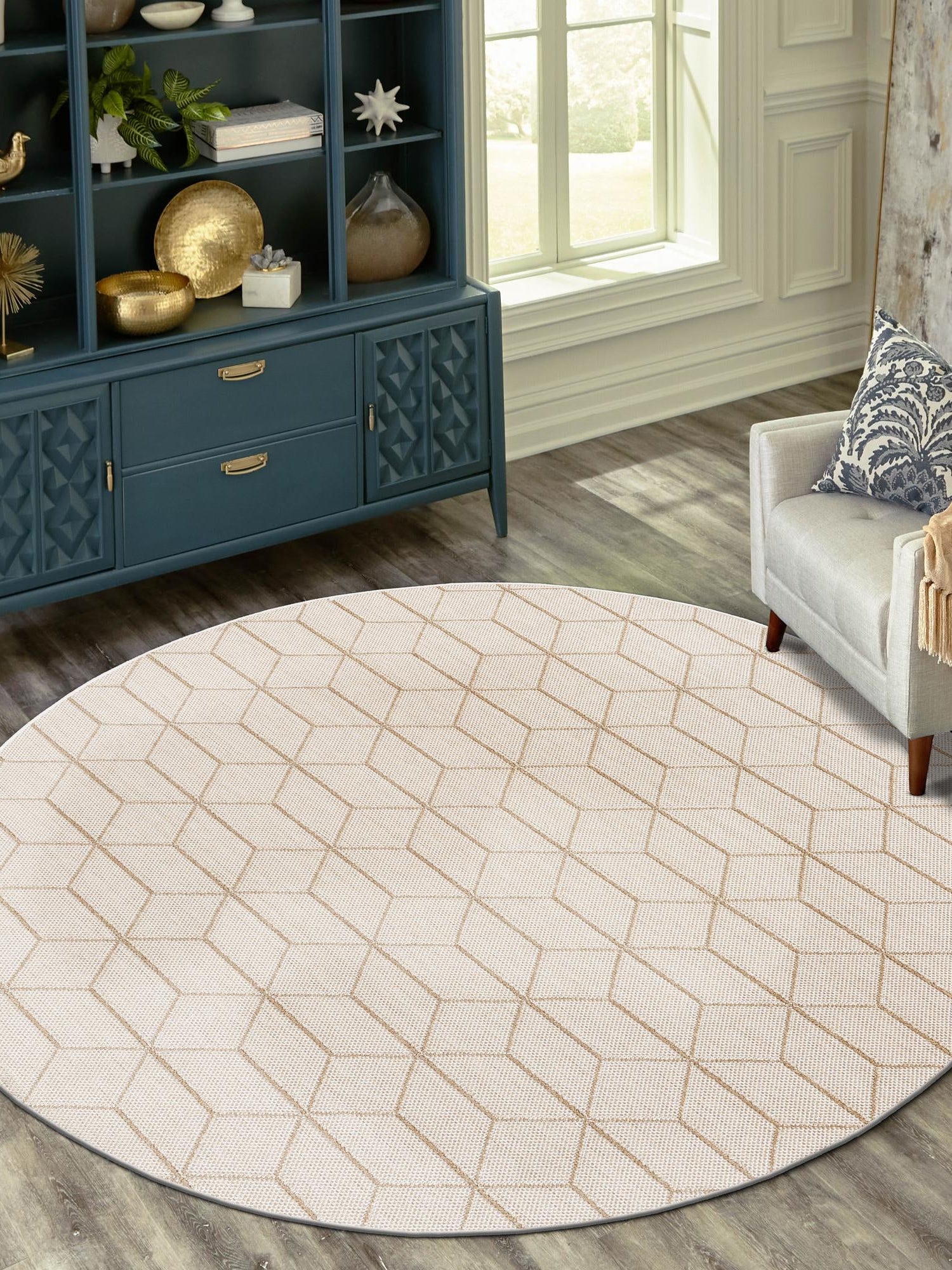 Beige 7' 10 x 7' 10 Symphony Outdoor Round Area Rug Weather Resistant for Patio, Deck, Terrace, Balcony, Porch Durable Outside Carpet for Sale at Rug Engine