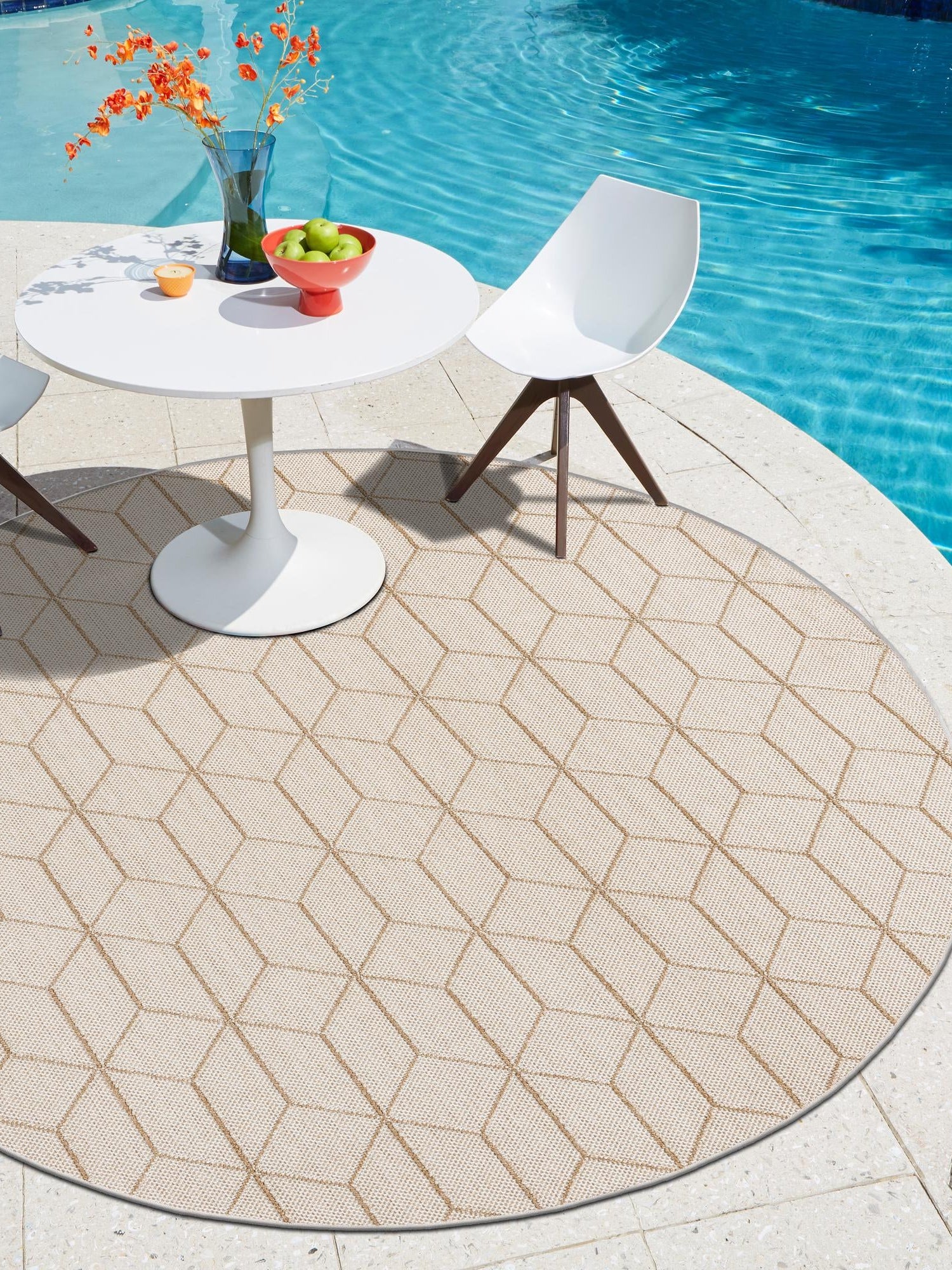 Beige 7' 10 x 7' 10 Symphony Outdoor Round Area Rug Weather Resistant for Patio, Deck, Terrace, Balcony, Porch Durable Outside Carpet for Sale at Rug Engine