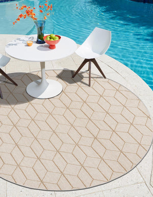 Beige 7' 10 x 7' 10 Symphony Outdoor Round Area Rug Weather Resistant for Patio, Deck, Terrace, Balcony, Porch Durable Outside Carpet for Sale at Rug Engine