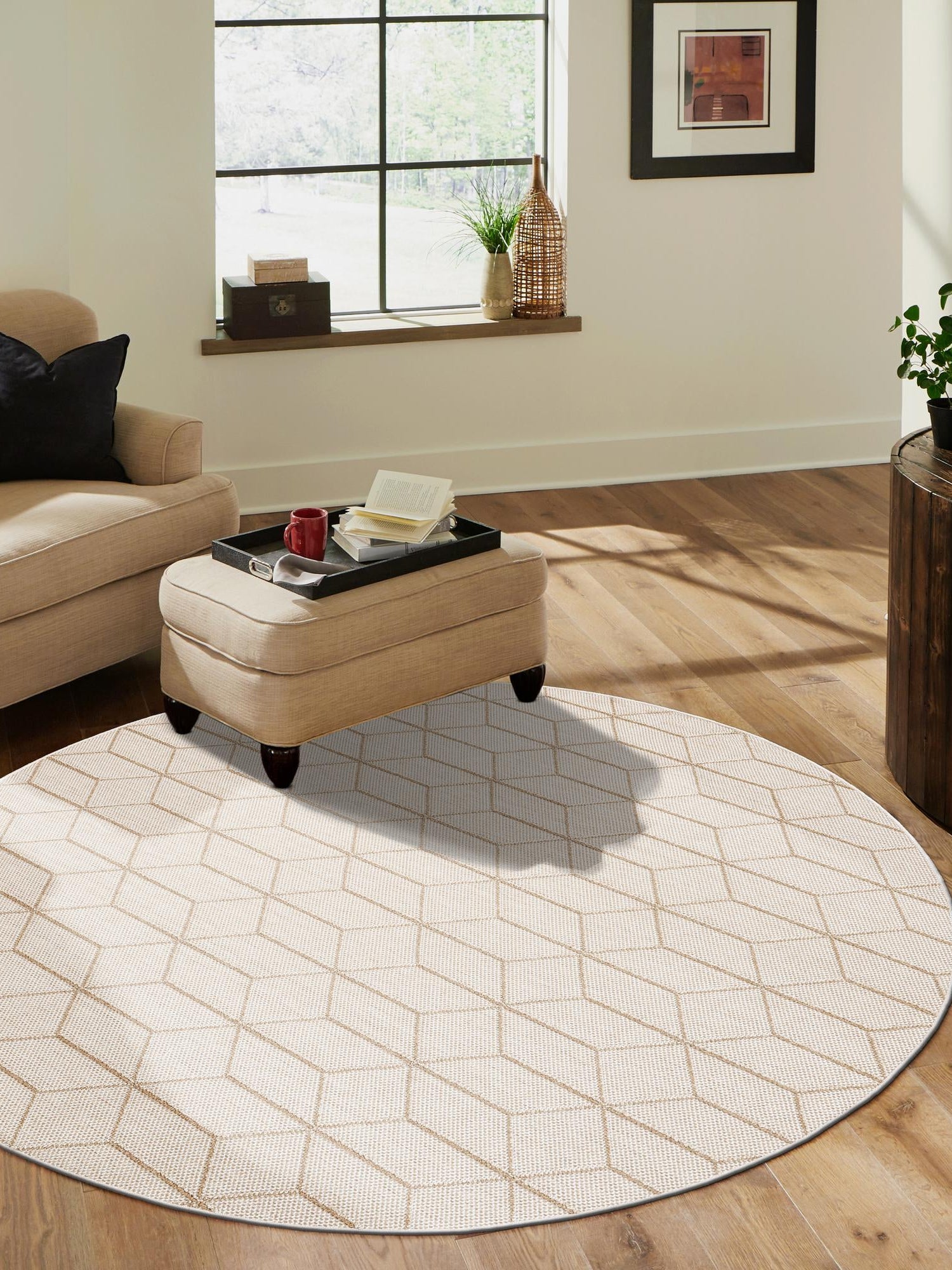 Beige 5' 3 x 5' 3 Symphony Outdoor Round Area Rug Weather Resistant for Patio, Deck, Terrace, Balcony, Porch Durable Outside Carpet for Sale at Rug Engine