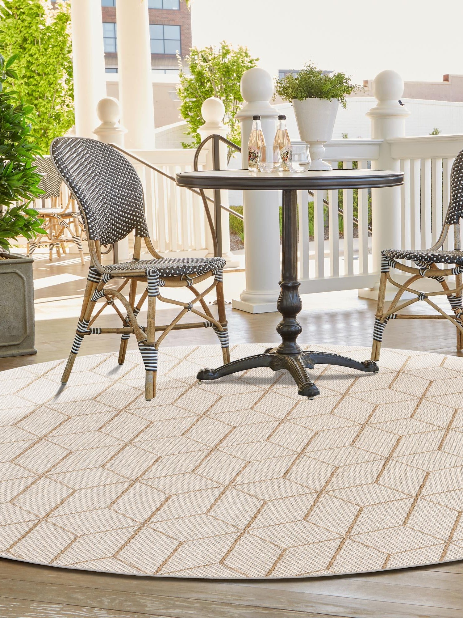 Beige 7' 10 x 7' 10 Symphony Outdoor Round Area Rug Weather Resistant for Patio, Deck, Terrace, Balcony, Porch Durable Outside Carpet for Sale at Rug Engine