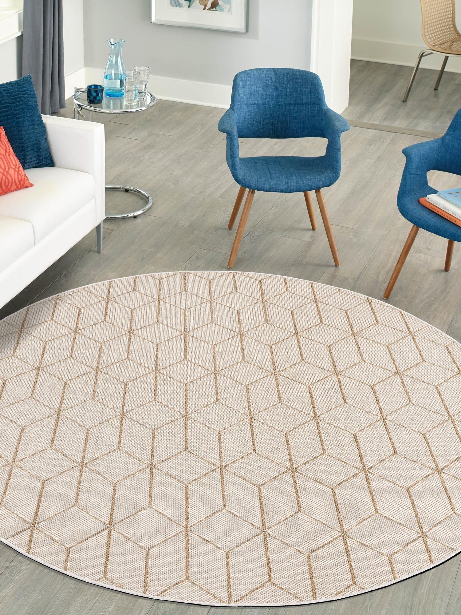 Beige 7' 10 x 7' 10 Symphony Outdoor Round Area Rug Weather Resistant for Patio, Deck, Terrace, Balcony, Porch Durable Outside Carpet for Sale at Rug Engine