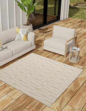 Beige 7' 10 x 7' 10 Symphony Outdoor Square Area Rug Weather Resistant for Patio, Deck, Terrace, Balcony, Porch Durable Outside Carpet for Sale at Rug Engine