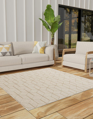 Beige 7' 10 x 7' 10 Symphony Outdoor Square Area Rug Weather Resistant for Patio, Deck, Terrace, Balcony, Porch Durable Outside Carpet for Sale at Rug Engine