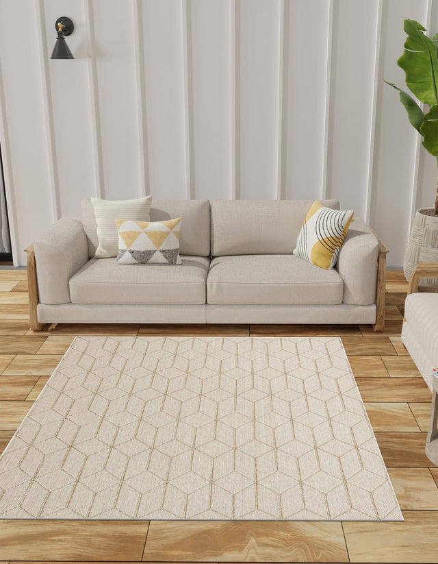 Beige 7' 10 x 7' 10 Symphony Outdoor Square Area Rug Weather Resistant for Patio, Deck, Terrace, Balcony, Porch Durable Outside Carpet for Sale at Rug Engine