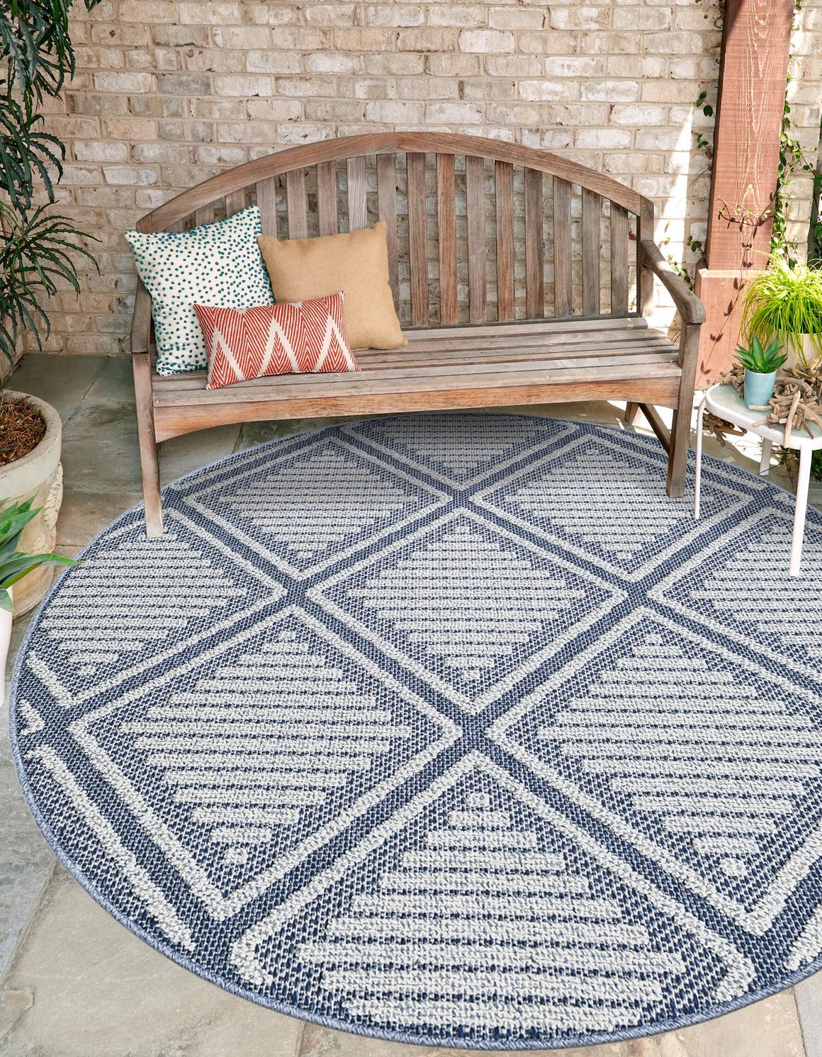 Navy Blue 5' 3 x 5' 3 Symphony Outdoor Round Area Rug Weather Resistant for Patio, Deck, Terrace, Balcony, Porch Durable Outside Carpet for Sale at Rug Engine