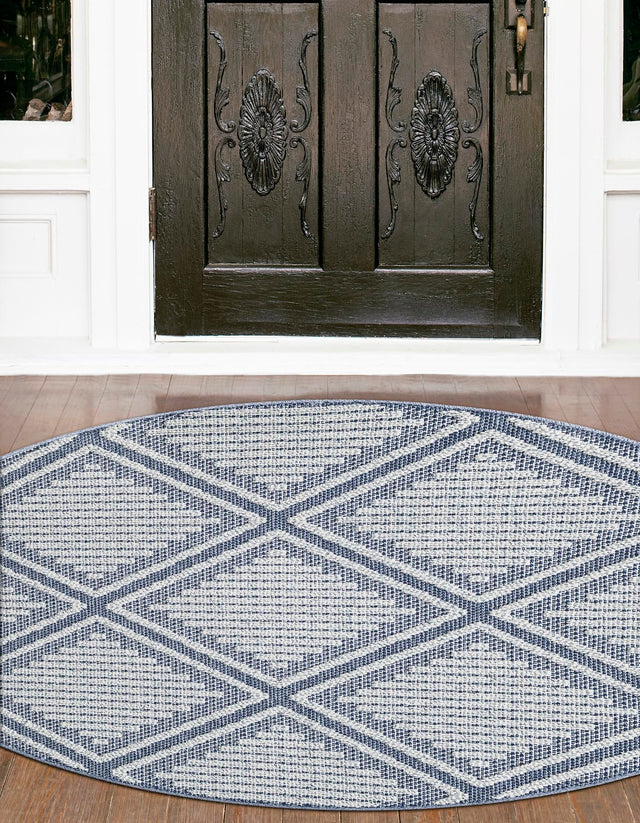 Navy Blue 7' 10 x 7' 10 Symphony Outdoor Round Area Rug Weather Resistant for Patio, Deck, Terrace, Balcony, Porch Durable Outside Carpet for Sale at Rug Engine