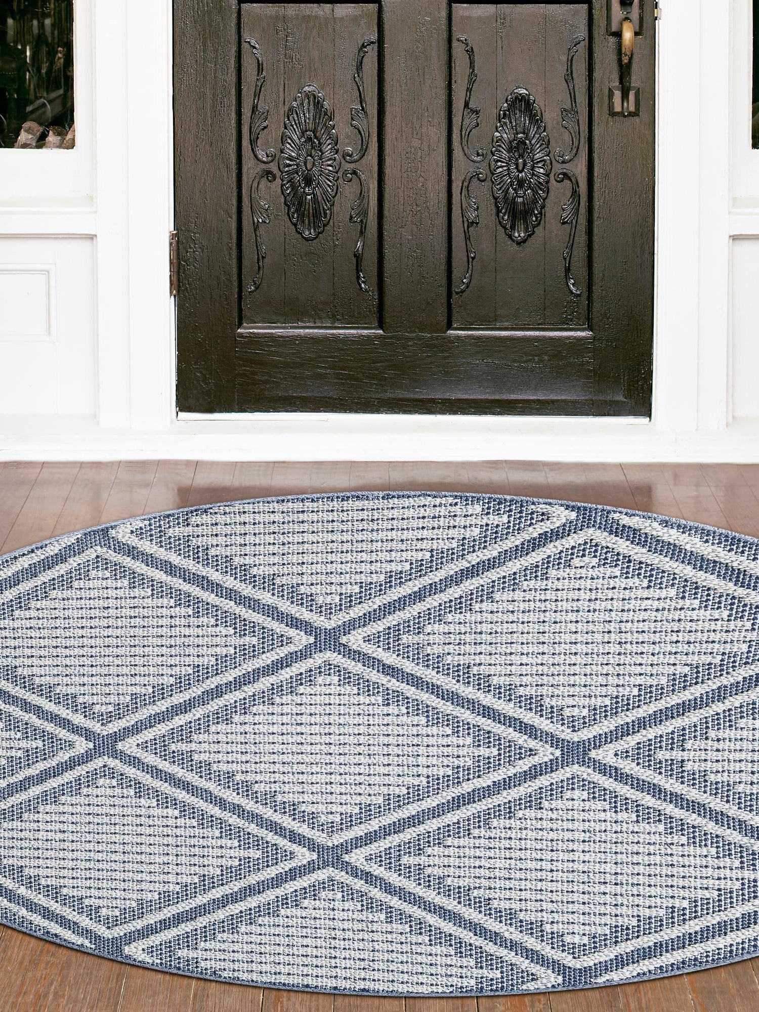 Navy Blue 3' 1 x 3' 1 Symphony Outdoor Round Area Rug Weather Resistant for Patio, Deck, Terrace, Balcony, Porch Durable Outside Carpet for Sale at Rug Engine