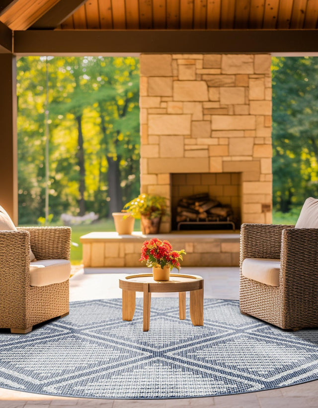 Navy Blue 7' 10 x 7' 10 Symphony Outdoor Round Area Rug Weather Resistant for Patio, Deck, Terrace, Balcony, Porch Durable Outside Carpet for Sale at Rug Engine