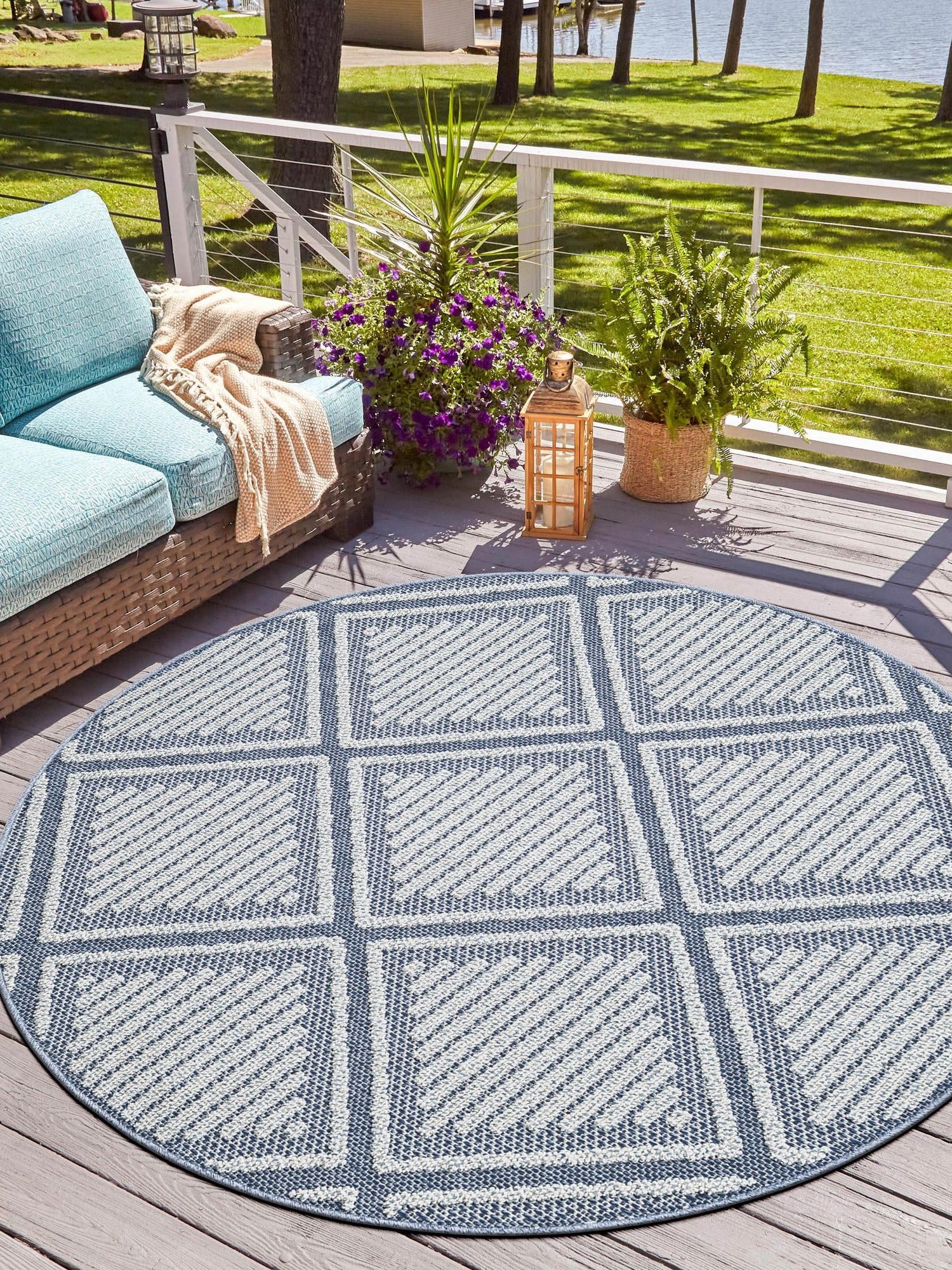 Navy Blue 5' 3 x 5' 3 Symphony Outdoor Round Area Rug Weather Resistant for Patio, Deck, Terrace, Balcony, Porch Durable Outside Carpet for Sale at Rug Engine