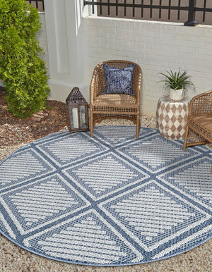 Navy Blue 7' 10 x 7' 10 Symphony Outdoor Round Area Rug Weather Resistant for Patio, Deck, Terrace, Balcony, Porch Durable Outside Carpet for Sale at Rug Engine