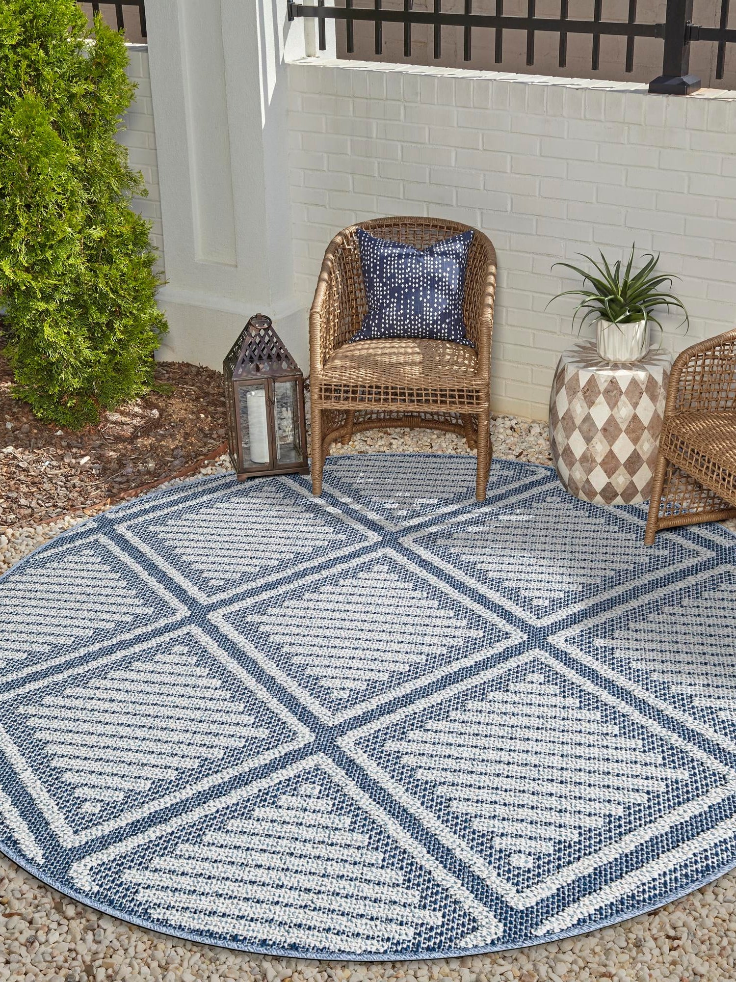 Navy Blue 5' 3 x 5' 3 Symphony Outdoor Round Area Rug Weather Resistant for Patio, Deck, Terrace, Balcony, Porch Durable Outside Carpet for Sale at Rug Engine