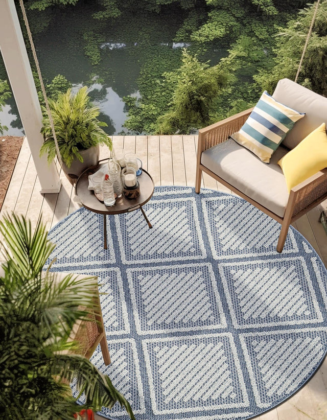 Navy Blue 5' 3 x 5' 3 Symphony Outdoor Round Area Rug Weather Resistant for Patio, Deck, Terrace, Balcony, Porch Durable Outside Carpet for Sale at Rug Engine
