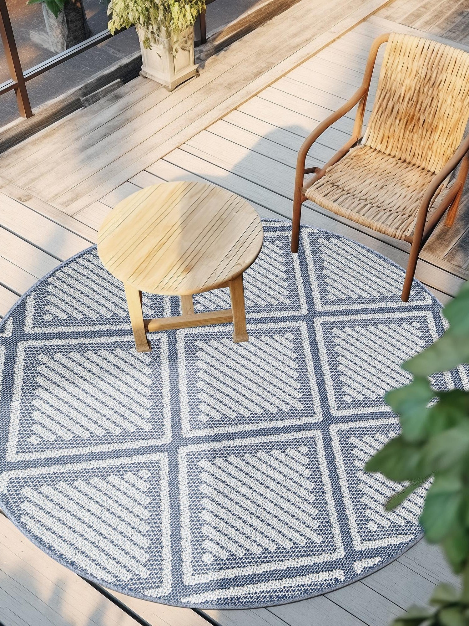 Navy Blue 5' 3 x 5' 3 Symphony Outdoor Round Area Rug Weather Resistant for Patio, Deck, Terrace, Balcony, Porch Durable Outside Carpet for Sale at Rug Engine