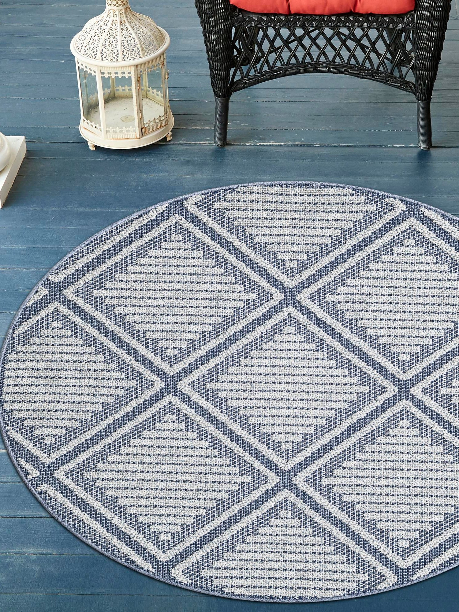 Navy Blue 3' 1 x 3' 1 Symphony Outdoor Round Area Rug Weather Resistant for Patio, Deck, Terrace, Balcony, Porch Durable Outside Carpet for Sale at Rug Engine
