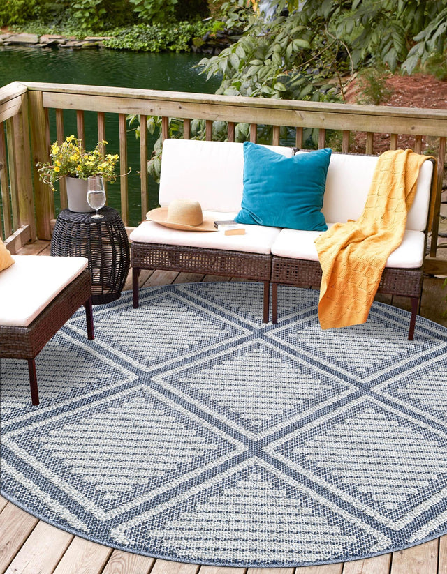 Navy Blue 3' 1 x 3' 1 Symphony Outdoor Round Area Rug Weather Resistant for Patio, Deck, Terrace, Balcony, Porch Durable Outside Carpet for Sale at Rug Engine