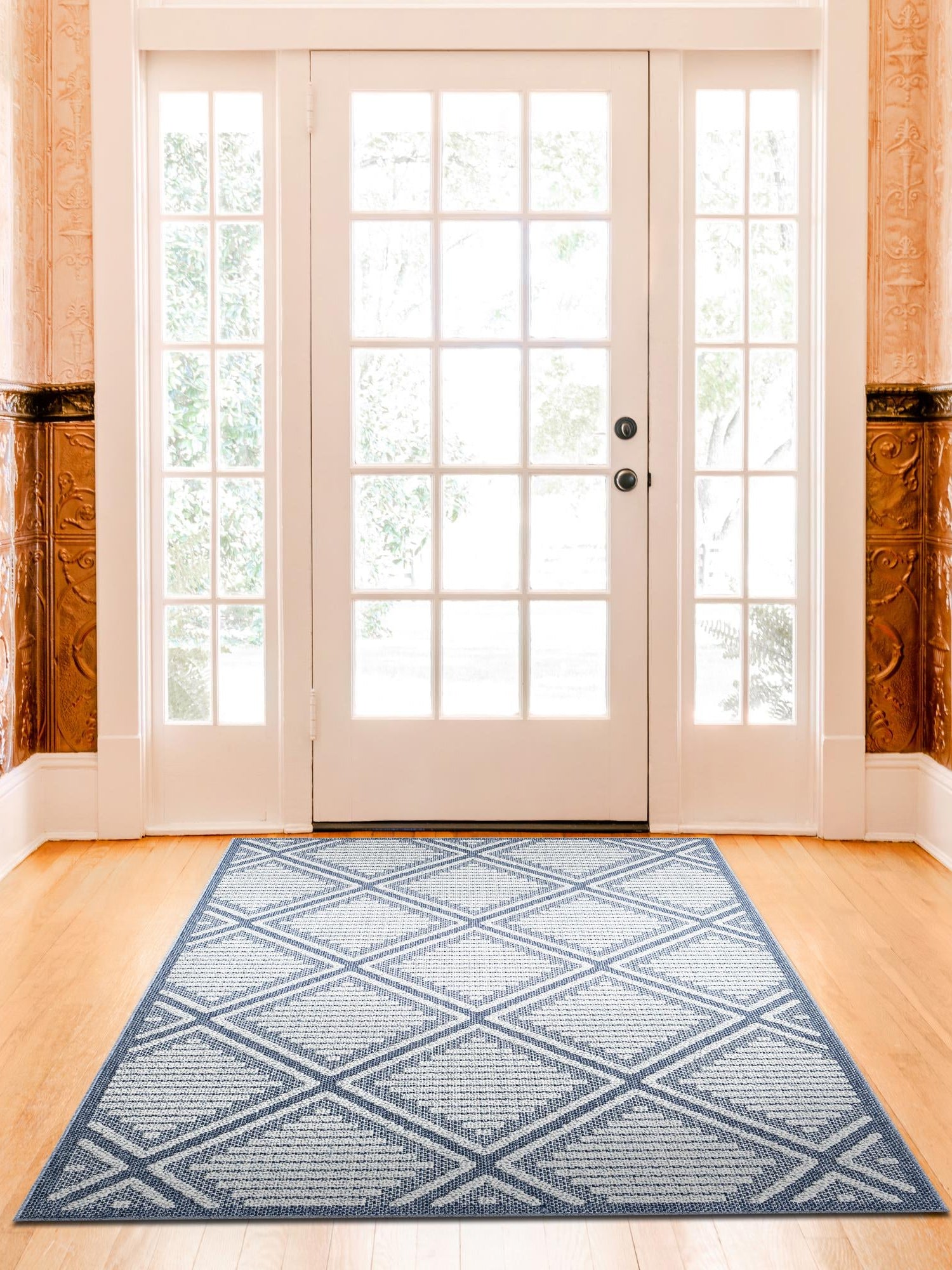Navy Blue 7' 10 x 10' Symphony Outdoor Rectangle Area Rug Weather Resistant for Patio, Deck, Terrace, Balcony, Porch Durable Outside Carpet for Sale at Rug Engine