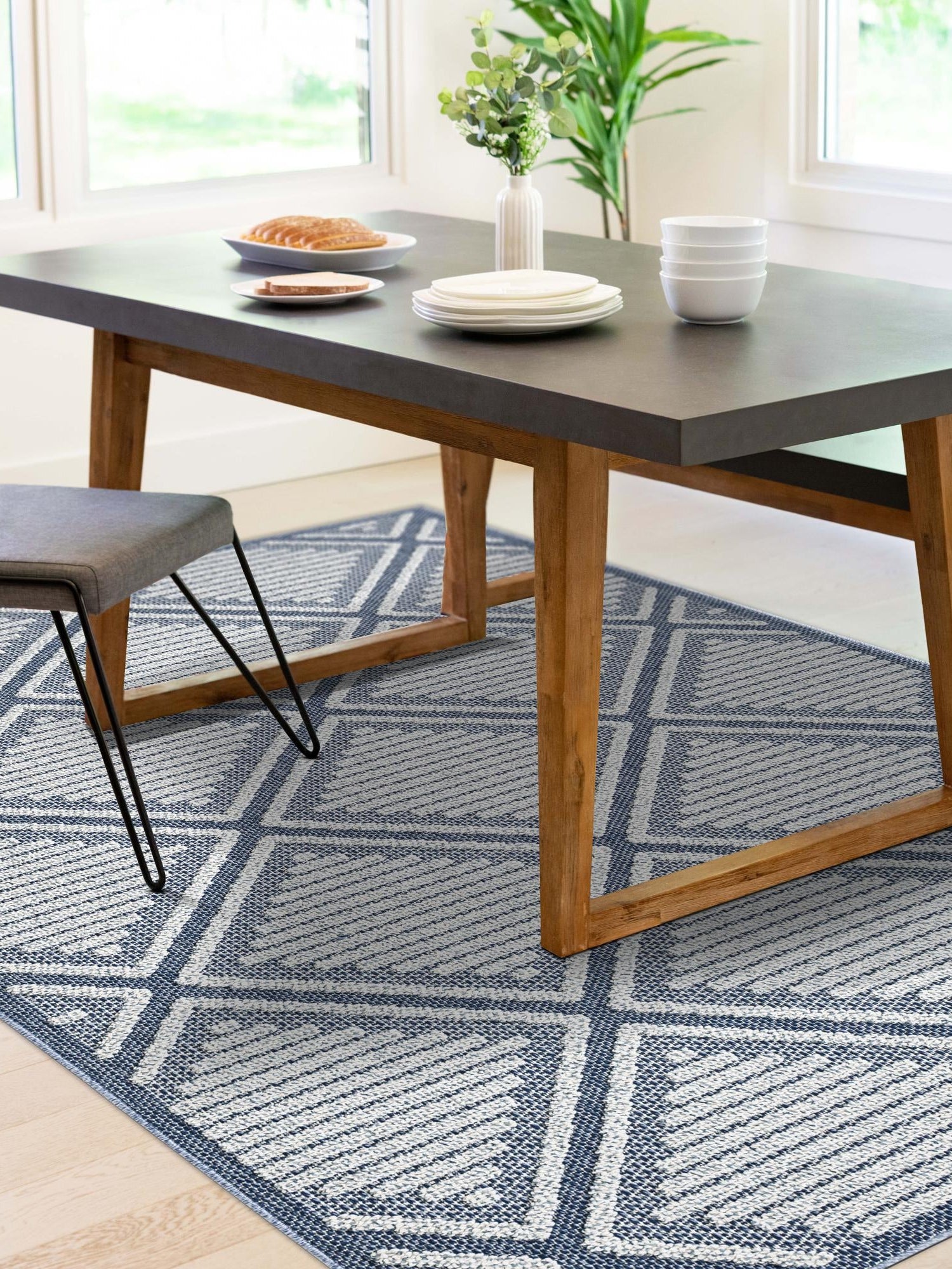 Navy Blue 5' 3 x 8' Symphony Outdoor Rectangle Area Rug Weather Resistant for Patio, Deck, Terrace, Balcony, Porch Durable Outside Carpet for Sale at Rug Engine