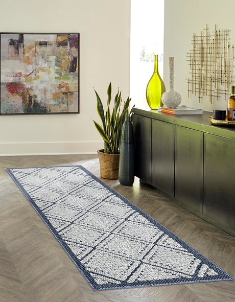 Navy Blue 2' x 6' 1 Symphony Outdoor Runner Area Rug Weather Resistant for Patio, Deck, Terrace, Balcony, Porch Durable Outside Carpet for Sale at Rug Engine