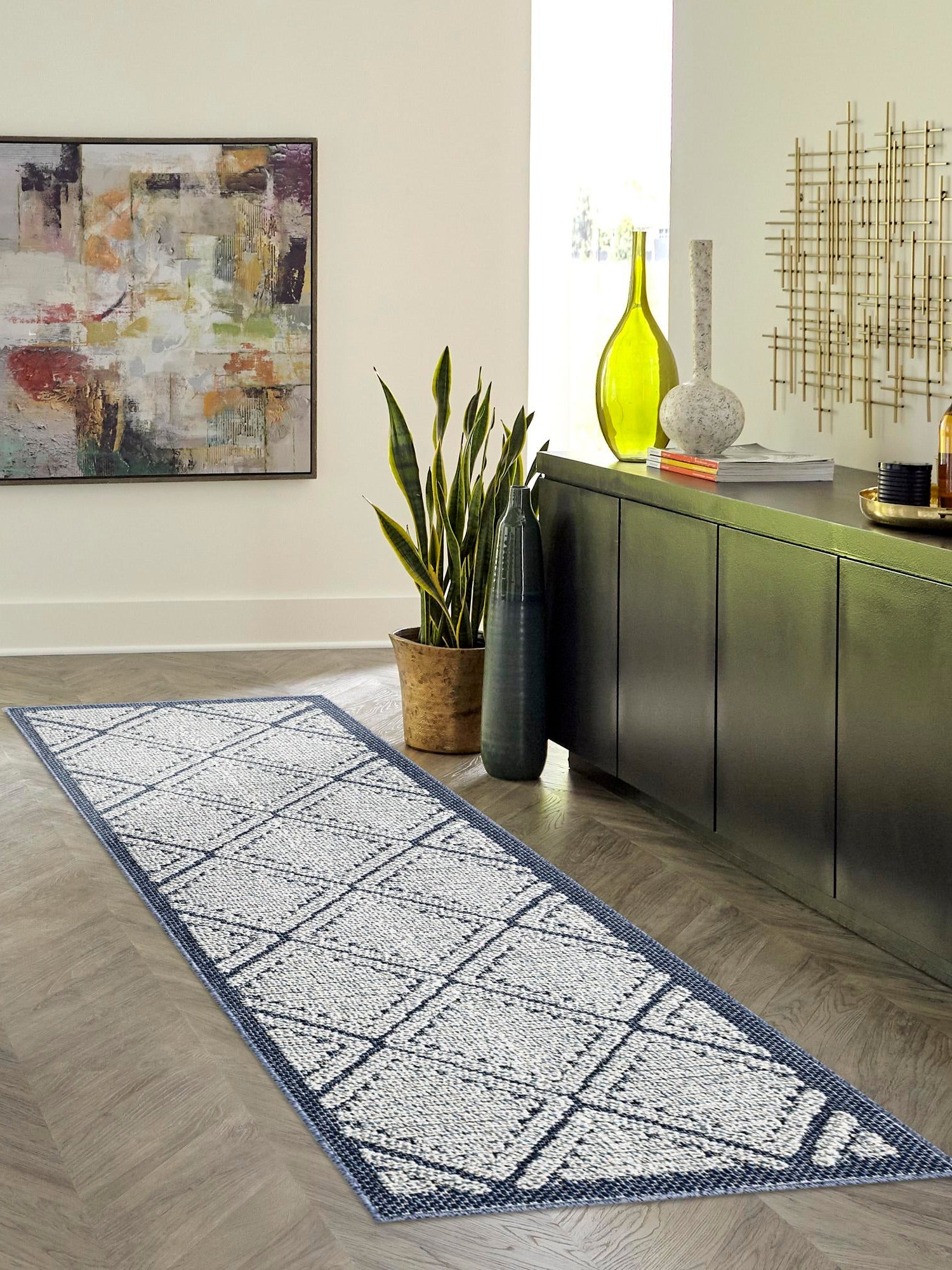 Navy Blue 2' x 8' Symphony Outdoor Runner Area Rug Weather Resistant for Patio, Deck, Terrace, Balcony, Porch Durable Outside Carpet for Sale at Rug Engine