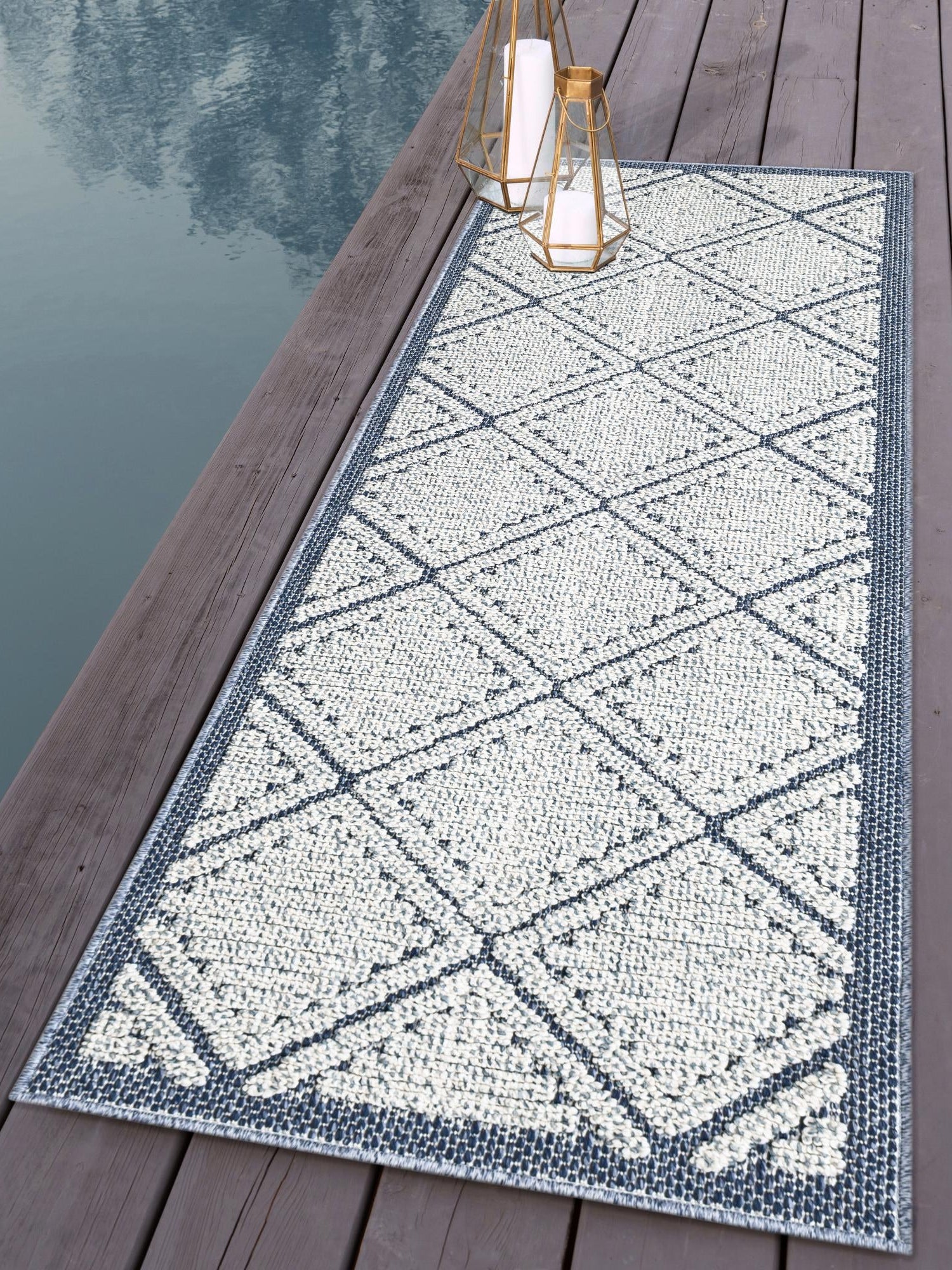 Navy Blue 2' x 8' Symphony Outdoor Runner Area Rug Weather Resistant for Patio, Deck, Terrace, Balcony, Porch Durable Outside Carpet for Sale at Rug Engine
