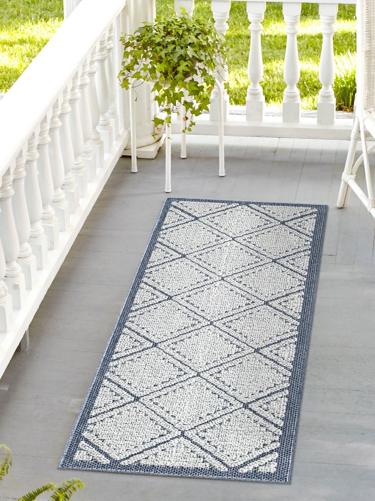 Navy Blue 2' 7 x 12' Symphony Outdoor Runner Area Rug Weather Resistant for Patio, Deck, Terrace, Balcony, Porch Durable Outside Carpet for Sale at Rug Engine