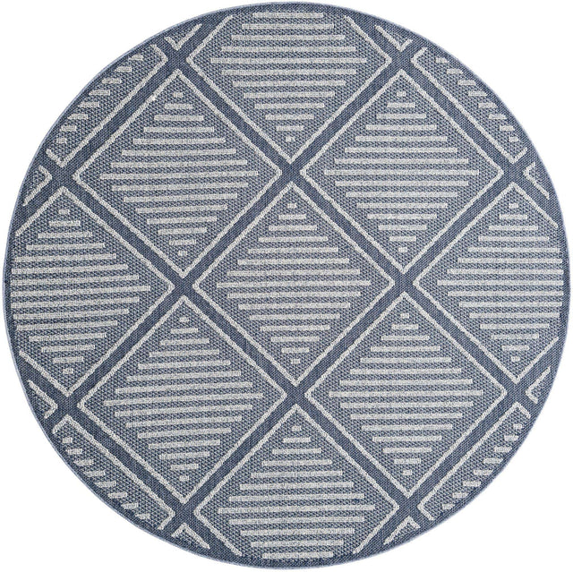 Navy Blue 7' 10 x 7' 10 Symphony Outdoor Round Area Rug Weather Resistant for Patio, Deck, Terrace, Balcony, Porch Durable Outside Carpet for Sale at Rug Engine