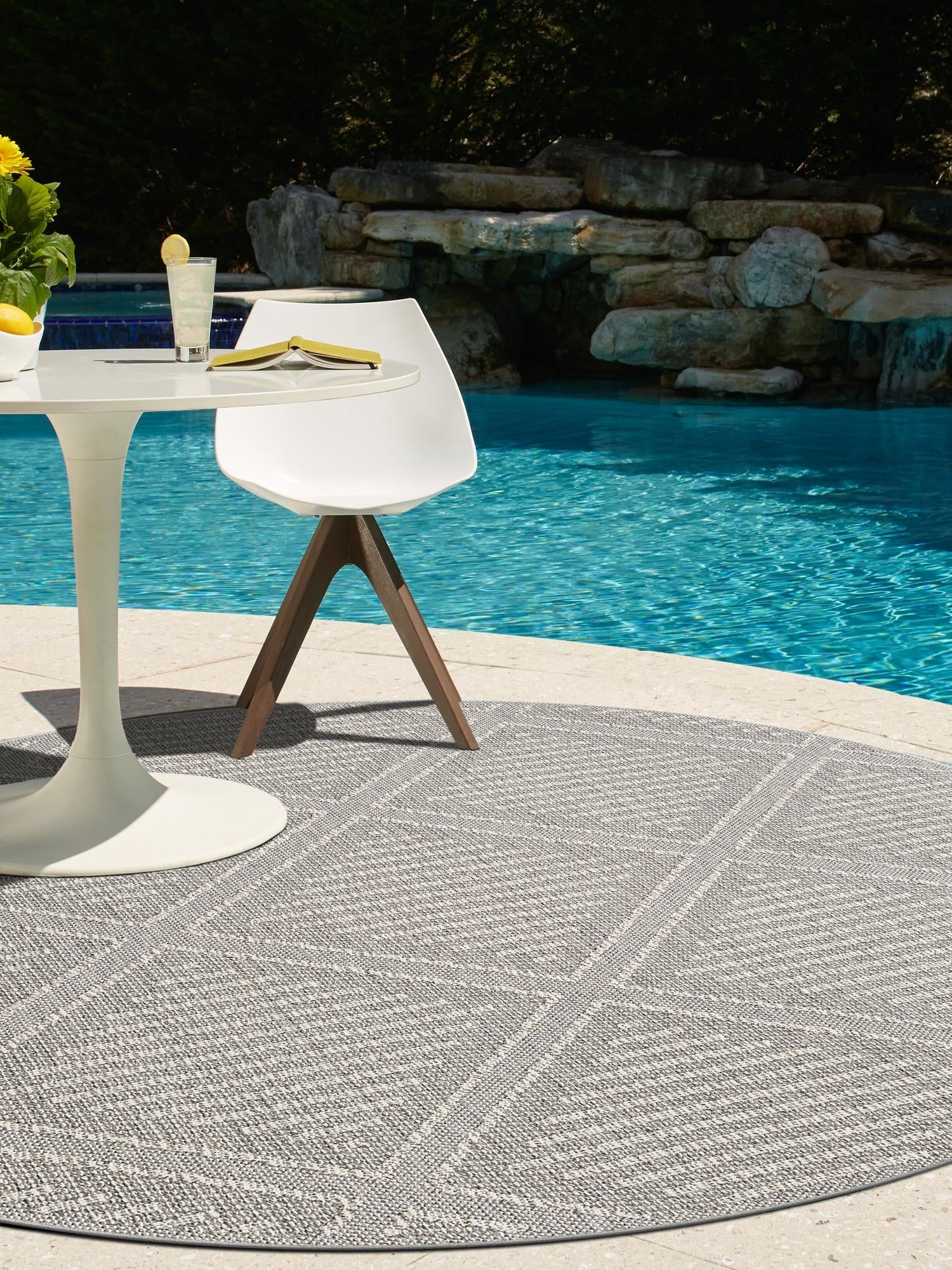 Light Gray 7' 10 x 7' 10 Symphony Outdoor Round Area Rug Weather Resistant for Patio, Deck, Terrace, Balcony, Porch Durable Outside Carpet for Sale at Rug Engine