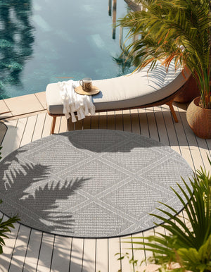 Light Gray 7' 10 x 7' 10 Symphony Outdoor Round Area Rug Weather Resistant for Patio, Deck, Terrace, Balcony, Porch Durable Outside Carpet for Sale at Rug Engine
