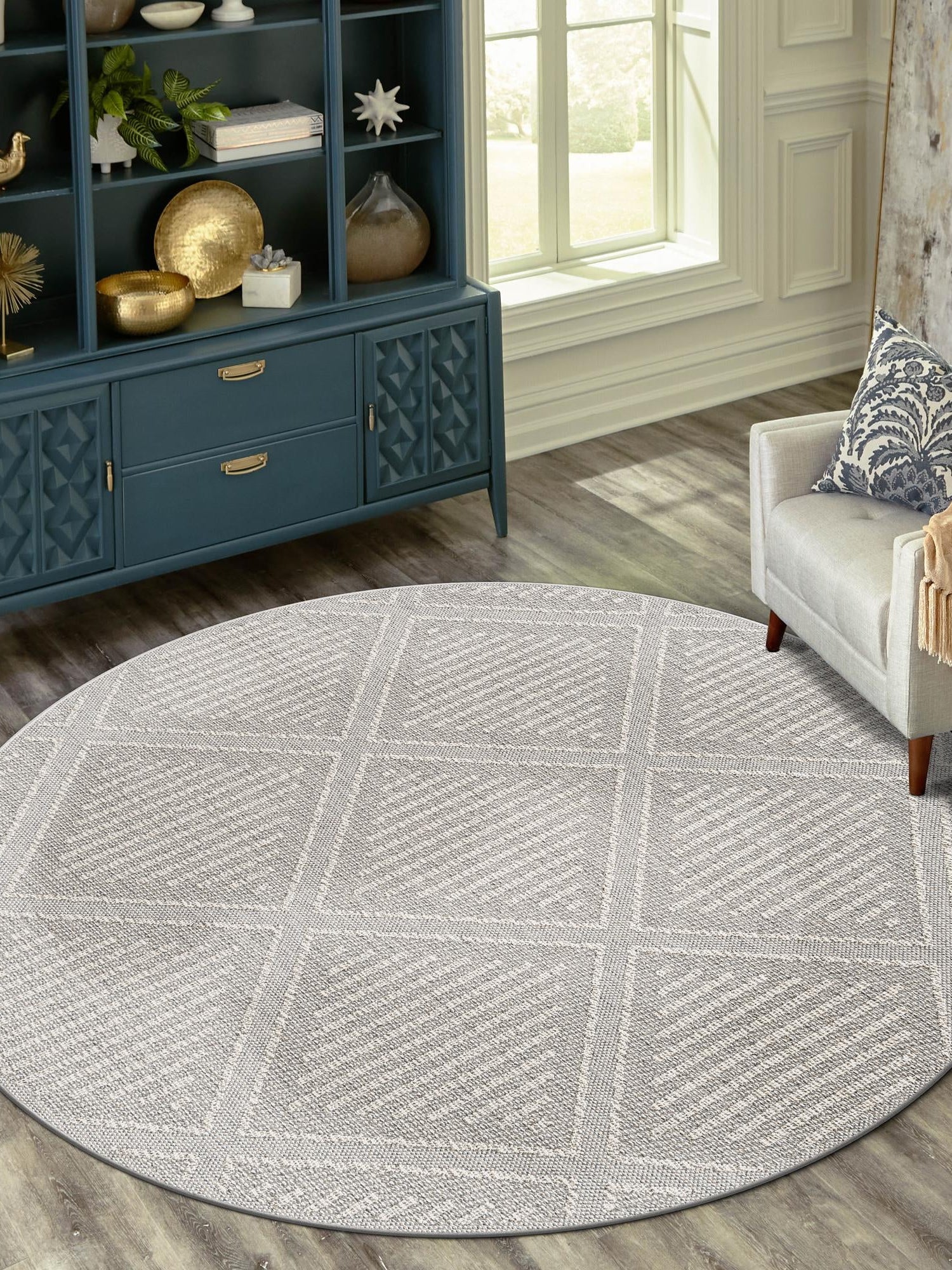 Light Gray 7' 10 x 7' 10 Symphony Outdoor Round Area Rug Weather Resistant for Patio, Deck, Terrace, Balcony, Porch Durable Outside Carpet for Sale at Rug Engine