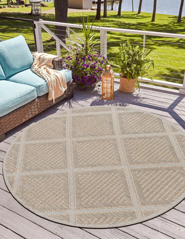 Khaki 5' 3 x 5' 3 Symphony Outdoor Round Area Rug Weather Resistant for Patio, Deck, Terrace, Balcony, Porch Durable Outside Carpet for Sale at Rug Engine
