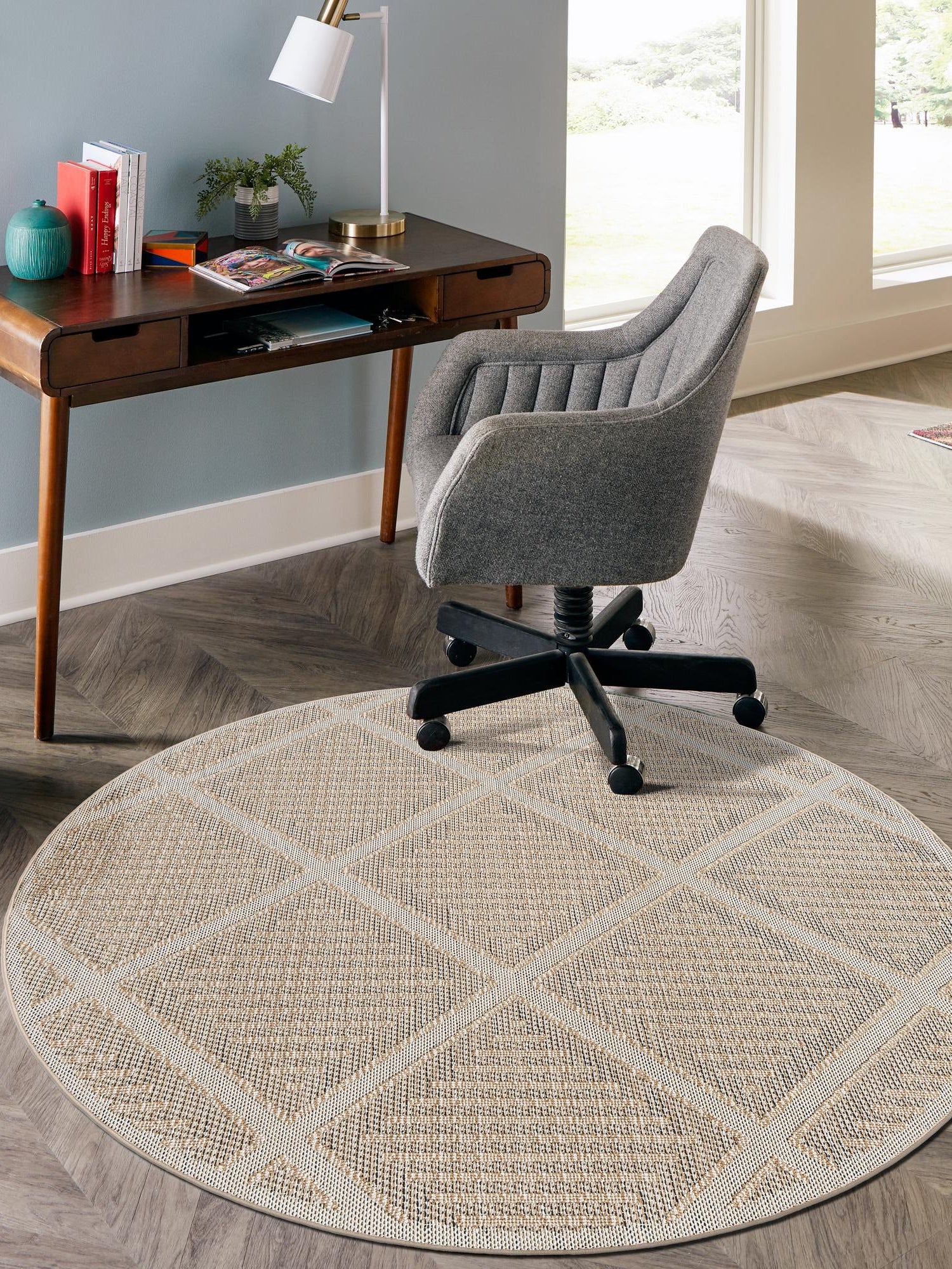 Khaki 5' 3 x 5' 3 Symphony Outdoor Round Area Rug Weather Resistant for Patio, Deck, Terrace, Balcony, Porch Durable Outside Carpet for Sale at Rug Engine