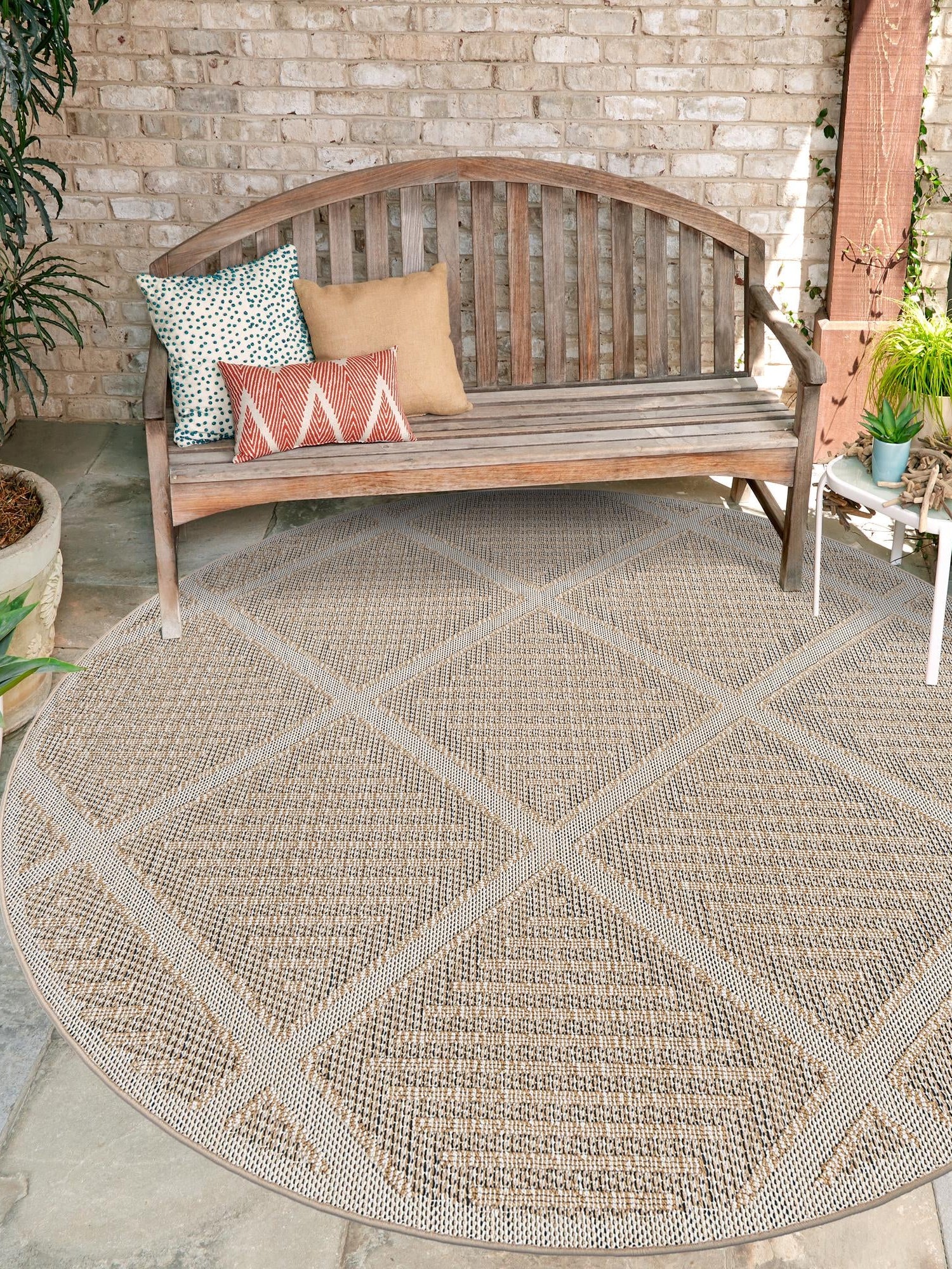 Khaki 5' 3 x 5' 3 Symphony Outdoor Round Area Rug Weather Resistant for Patio, Deck, Terrace, Balcony, Porch Durable Outside Carpet for Sale at Rug Engine