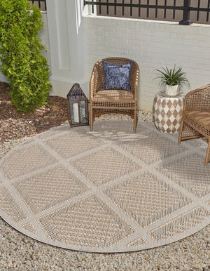 Khaki 3' 1 x 3' 1 Symphony Outdoor Round Area Rug Weather Resistant for Patio, Deck, Terrace, Balcony, Porch Durable Outside Carpet for Sale at Rug Engine