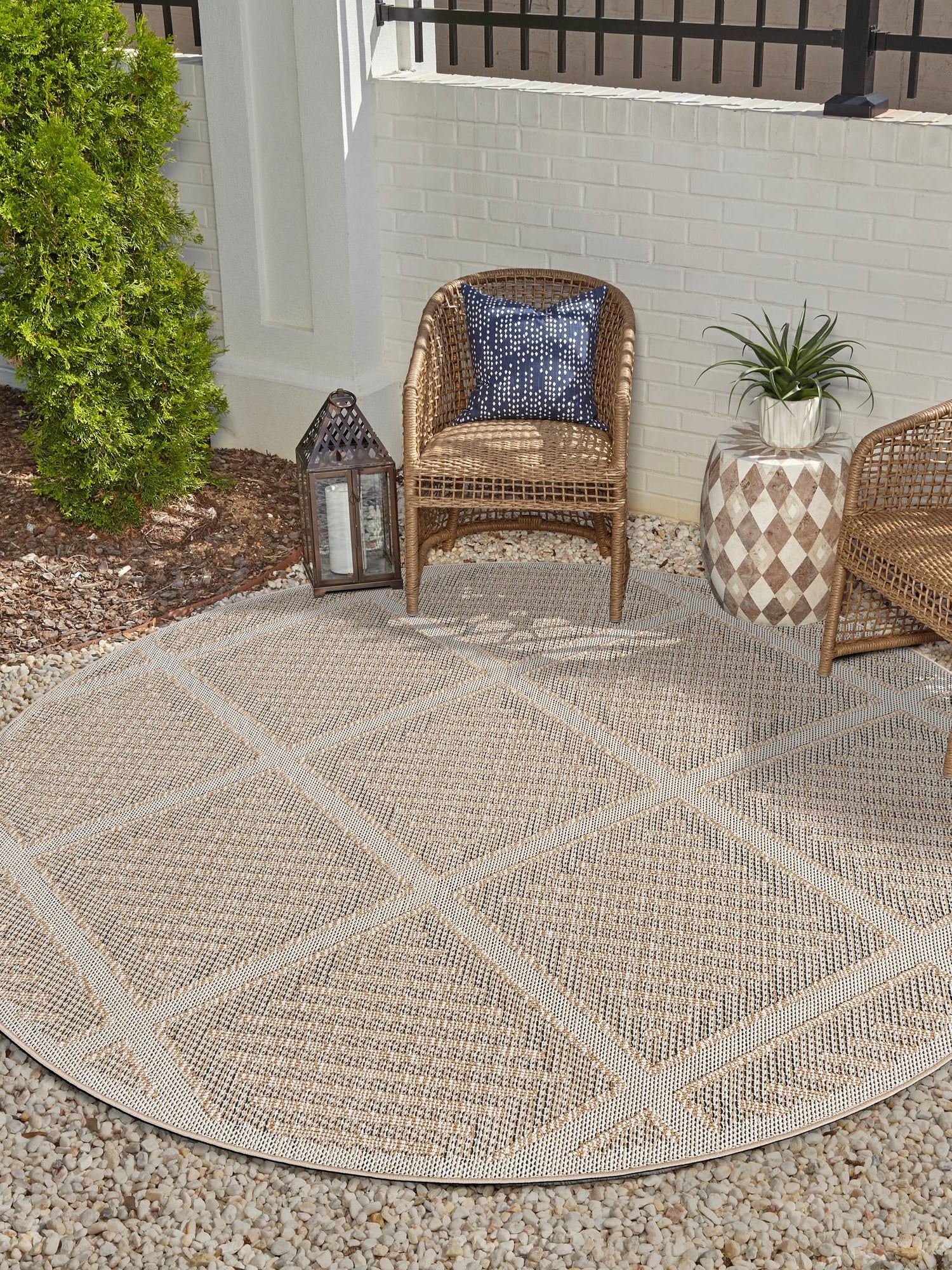 Khaki 7' 10 x 7' 10 Symphony Outdoor Round Area Rug Weather Resistant for Patio, Deck, Terrace, Balcony, Porch Durable Outside Carpet for Sale at Rug Engine