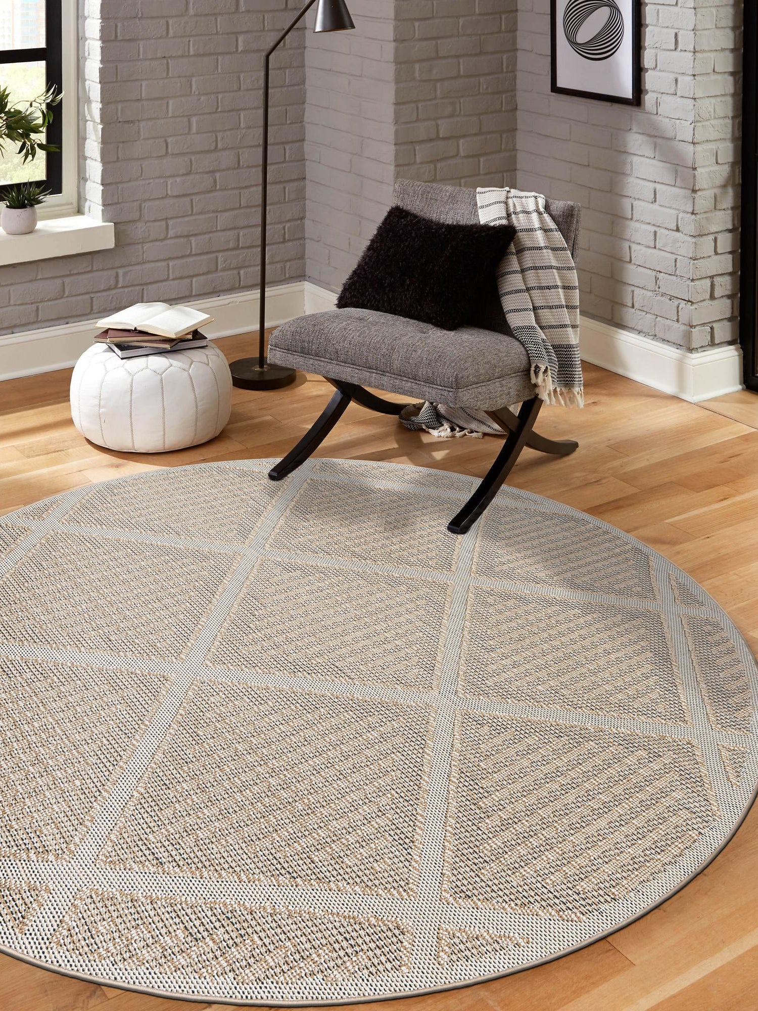 Khaki 5' 3 x 5' 3 Symphony Outdoor Round Area Rug Weather Resistant for Patio, Deck, Terrace, Balcony, Porch Durable Outside Carpet for Sale at Rug Engine