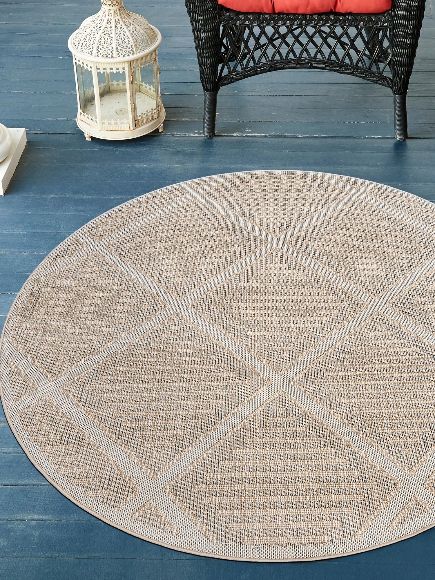 Khaki 7' 10 x 7' 10 Symphony Outdoor Round Area Rug Weather Resistant for Patio, Deck, Terrace, Balcony, Porch Durable Outside Carpet for Sale at Rug Engine