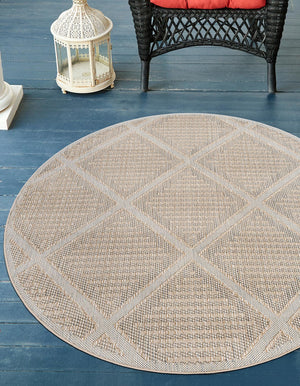 Khaki 7' 10 x 7' 10 Symphony Outdoor Round Area Rug Weather Resistant for Patio, Deck, Terrace, Balcony, Porch Durable Outside Carpet for Sale at Rug Engine