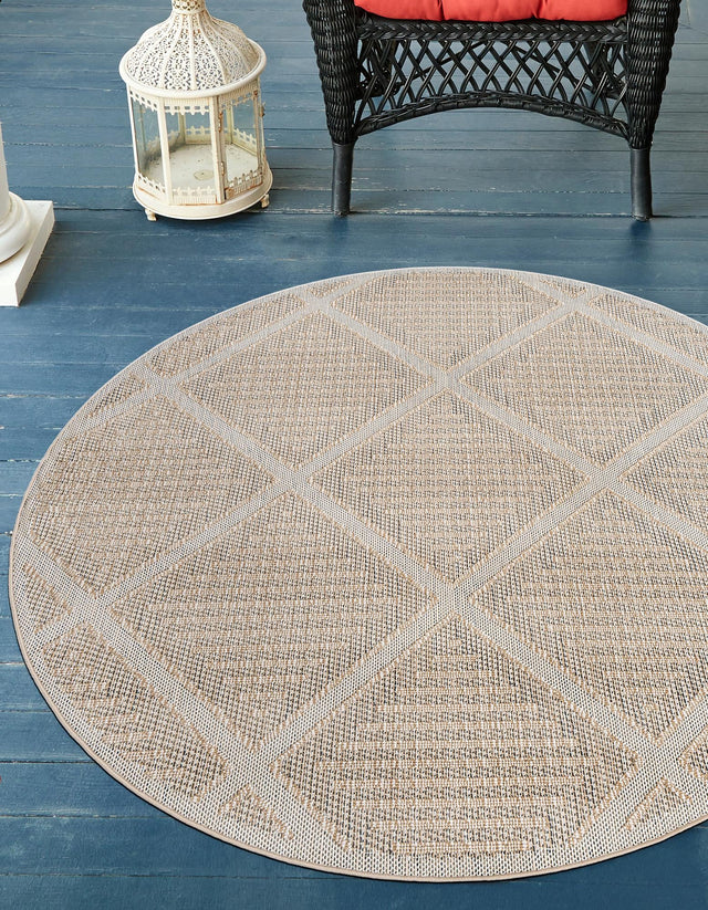Khaki 5' 3 x 5' 3 Symphony Outdoor Round Area Rug Weather Resistant for Patio, Deck, Terrace, Balcony, Porch Durable Outside Carpet for Sale at Rug Engine