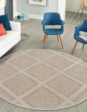 Khaki 3' 1 x 3' 1 Symphony Outdoor Round Area Rug Weather Resistant for Patio, Deck, Terrace, Balcony, Porch Durable Outside Carpet for Sale at Rug Engine