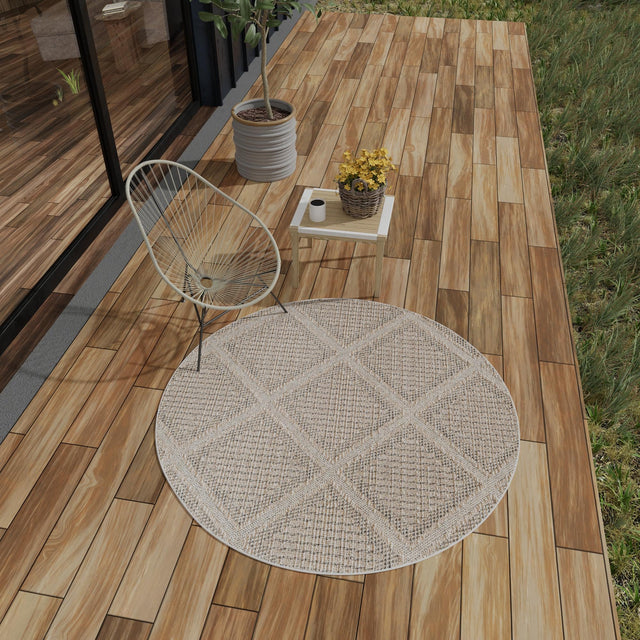 Khaki 3' 1 x 3' 1 Symphony Outdoor Round Area Rug Weather Resistant for Patio, Deck, Terrace, Balcony, Porch Durable Outside Carpet for Sale at Rug Engine