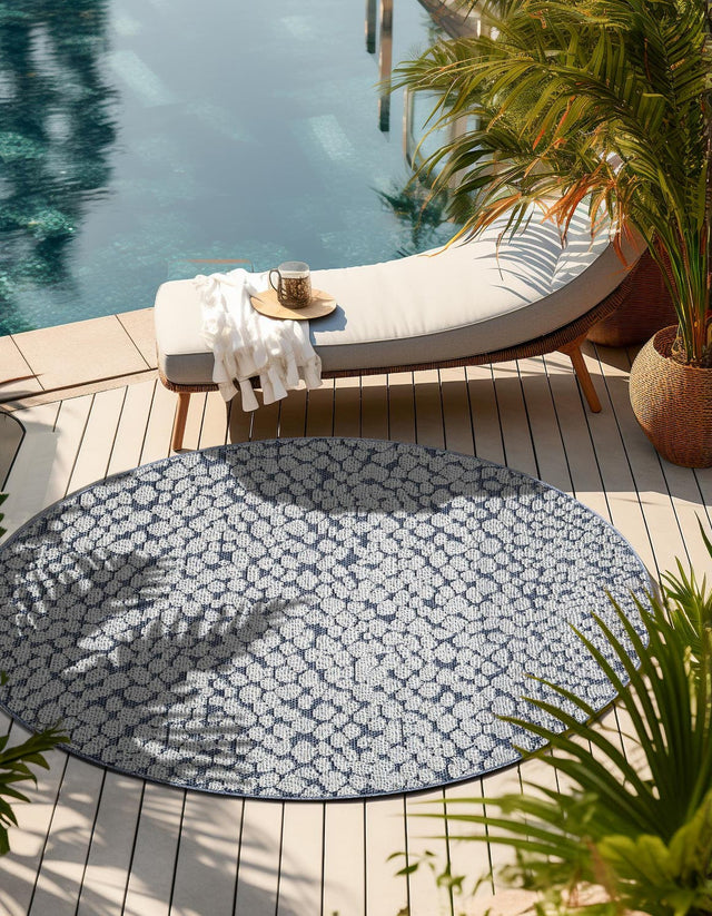 Navy Blue 7' 10 x 7' 10 Symphony Outdoor Round Area Rug Weather Resistant for Patio, Deck, Terrace, Balcony, Porch Durable Outside Carpet for Sale at Rug Engine